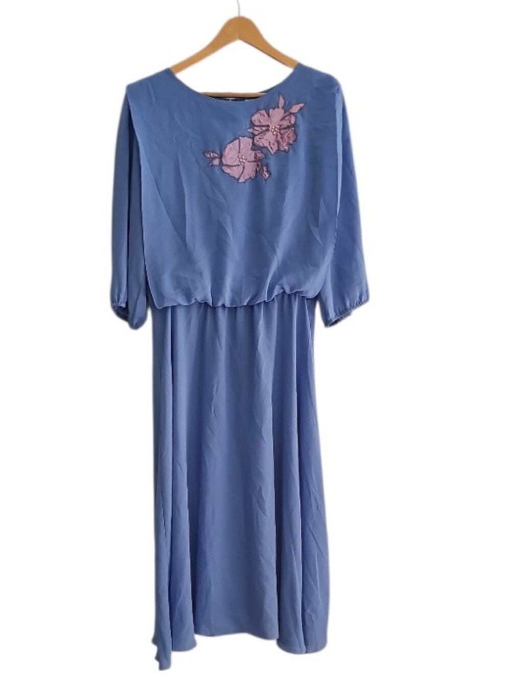 Vintage Young Gare Blue Midi Dress Women’s Sz L Union Made USA 1970s Cottagecore